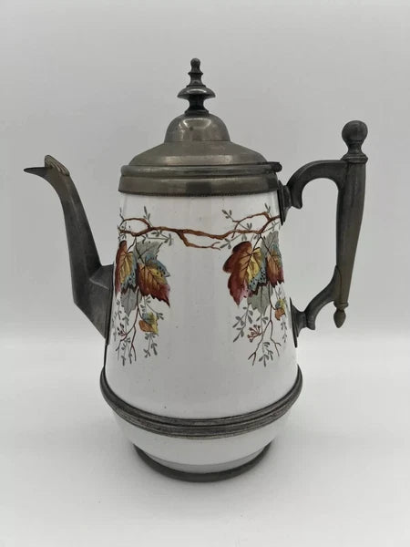 Antique Manning Bowman & Co 11” Teapot Coffee Pot Hand Painted Enamel & Pewter