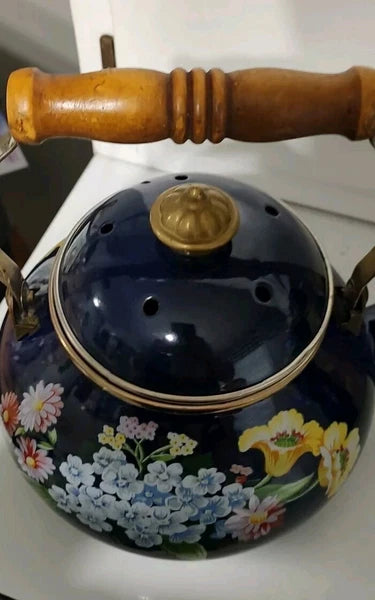 1983 GAILSTYN-SUTTON "Flower Garden" Vintage Enamel Ware Teapot Wooden Handle...
