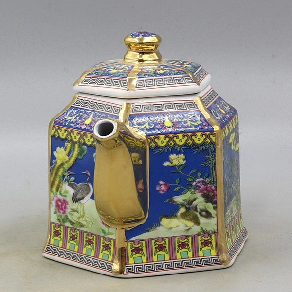 6.5" Chinese Qing Colour Enamels Porcelain Gild Crane Flower Six Sides Teapot