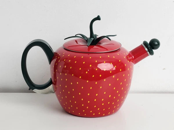 Copco Strawberry Tea Kettle Enamel Whistling Complete 2.5Qt Vtg 90s Cottage Core
