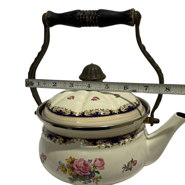 ASTA Enamelware Tea Kettle 1960s Teapot Brass Handles Floral Vtg West Germany