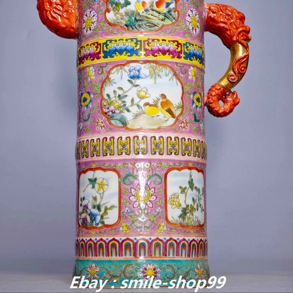 20.4" Yongzheng Enamel Colour Porcelain Gilt Flower Bird Wine Tea Pot Flagon