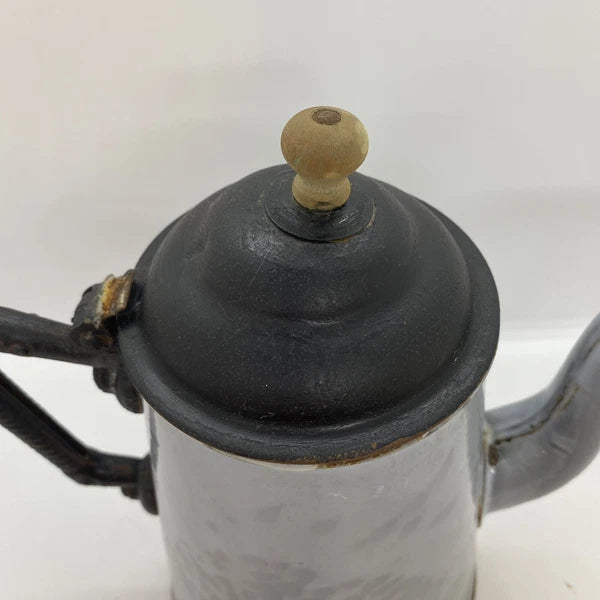 Antique American GRANITEWARE Grey Mottled Enamel Gooseneck 8" Teapot Coffee