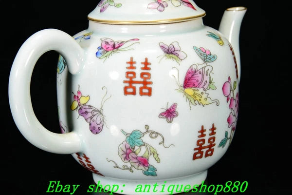6.7''Qing Yongzheng Marked Enamel Colour Porcelain Butterfly Wine Tea Pot Flagon