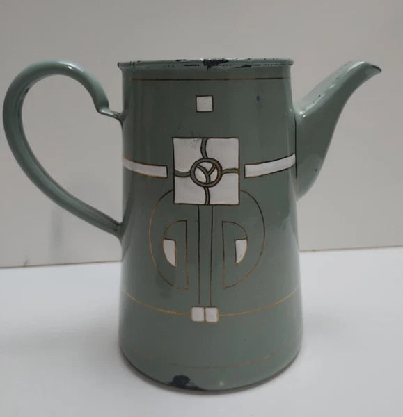 Antique Art Nouveau Jugendstil Blue Enamelware W/ Raised Elements Teapot Kettle