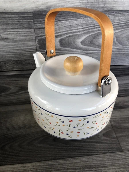 Country Fair Country Flowers Tea Kettle 2 Quart, Porcelain Enamel Vintage Japan