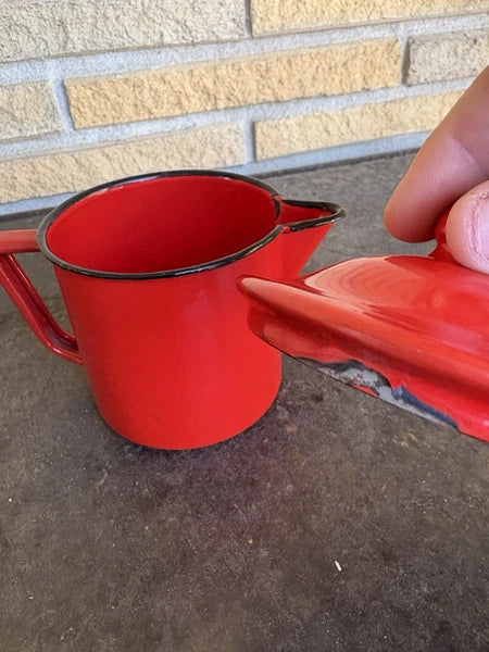 Enamel Red Coffee Pot Hand Tea Kettle With Sugar And Creamer Signs Of Wear