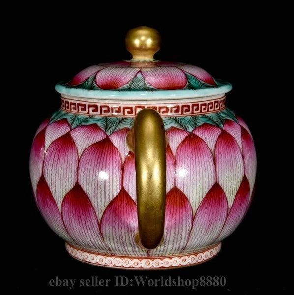 6.4"Qianlong Marked Enamel Porcelain Gilt Lotus Flower Petal Pattern Wine Teapot
