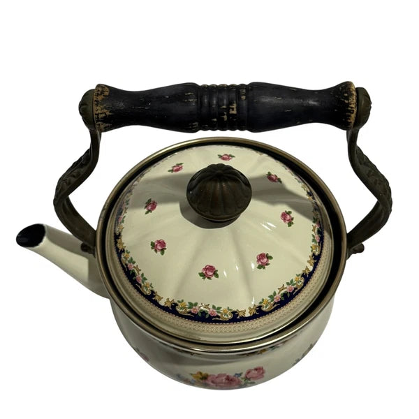 ASTA Enamelware Tea Kettle 1960s Teapot Brass Handles Floral Vtg West Germany
