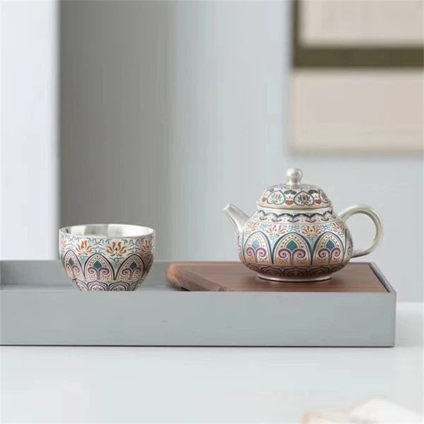 999 Silver Enamel Color Fengming Pot Ceramic Silver Teapot Kung Fu Tea Set Cups
