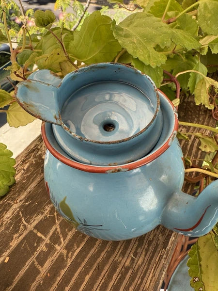 French Vintage Enamelware Tea Pot/Raised Enamelware Floral Painting/Miniature
