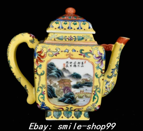 7" Yongzheng Enamel Colour Porcelain landscape Word Pattern Wine Tea Pot Flagon