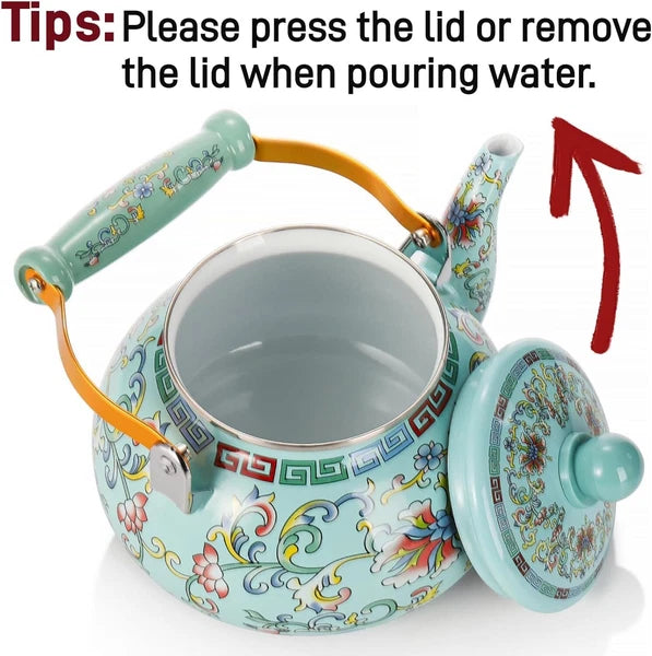 2.6 Quart Vintage Enamel Tea Kettle Large Enameled Floral Teapot Flower Enamel