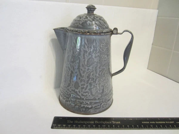 Antique Gray Granite Ware Enamel Coffee Tea Pot Cowboy w/Tin Lid Camping