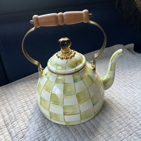 MACKENZIE CHILD PARCHMENT TEAPOT KETTLE ENAMEL AMBER FINIA -