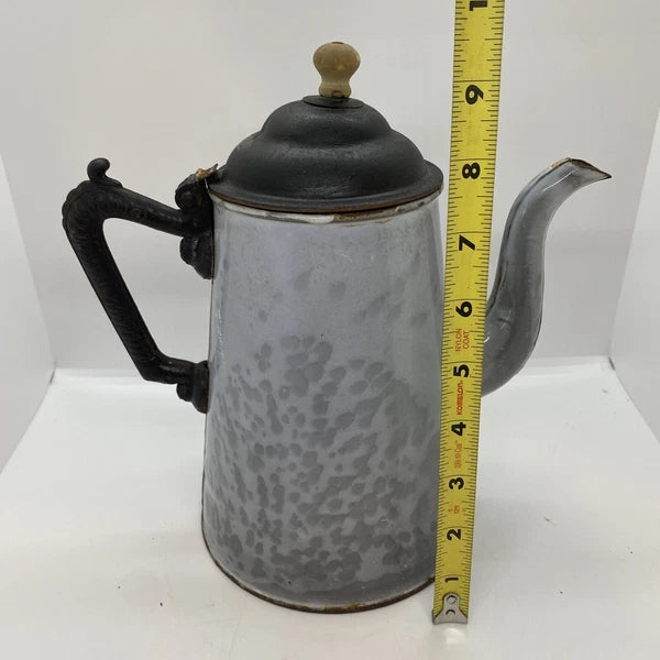 Antique American GRANITEWARE Grey Mottled Enamel Gooseneck 8" Teapot Coffee