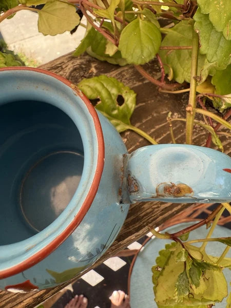 French Vintage Enamelware Tea Pot/Raised Enamelware Floral Painting/Miniature