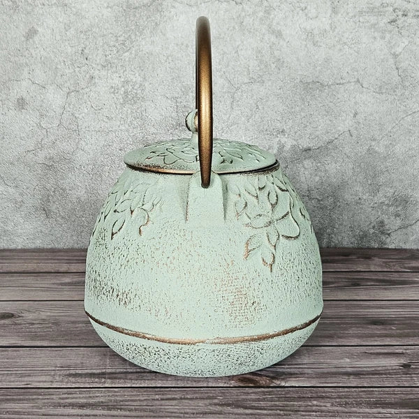 Cast Iron Kettle Enamel Interior Leaf Diffuser Sage Green 4-Cup 32oz Tea Pot