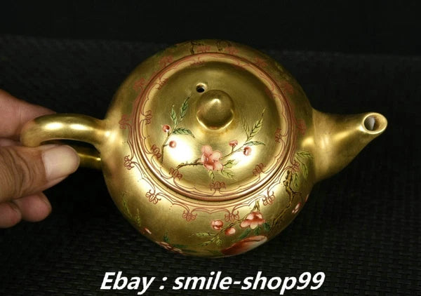 5.7" Qianlong Enamel Colour Porcelain Gold Bat Peach Pattern Wine Tea Pot Flagon