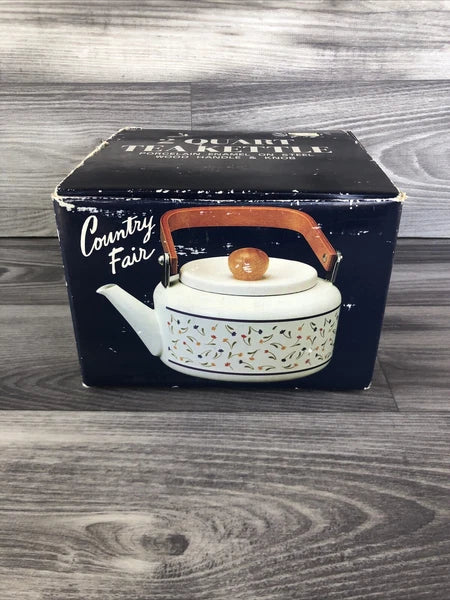 Country Fair Country Flowers Tea Kettle 2 Quart, Porcelain Enamel Vintage Japan