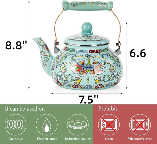 2.6 Quart Vintage Enamel Tea Kettle Large Enameled Floral Teapot Flower Enamel