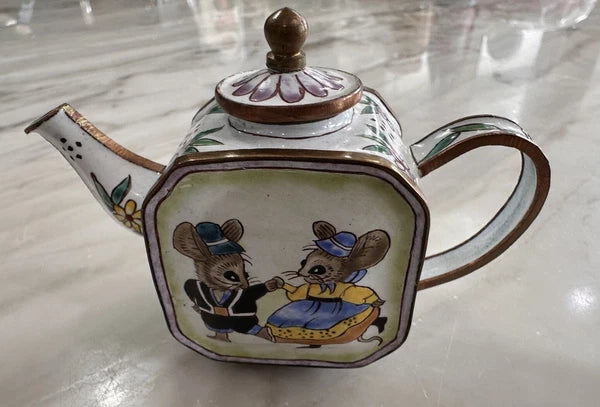 Enamel Miniature Teapot Dancing Mice Charolette Collectibles~Vintage