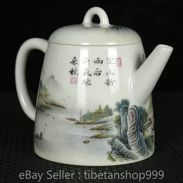 5" Old Chinese Yongzheng Enamel Porcelain Landscape Handle Tea Pot Kettle