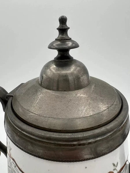 Antique Manning Bowman & Co 11” Teapot Coffee Pot Hand Painted Enamel & Pewter