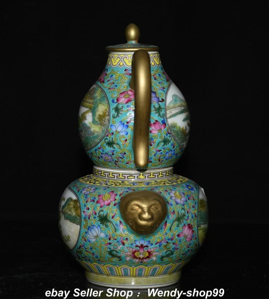 8.6" Qianlong Enamel Color Porcelain Gilt landscape Gourd Wine Pot Teapot