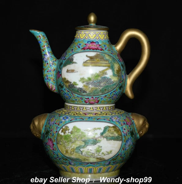 8.6" Qianlong Enamel Color Porcelain Gilt landscape Gourd Wine Pot Teapot