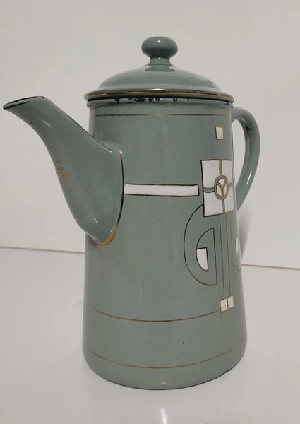 Antique Art Nouveau Jugendstil Blue Enamelware W/ Raised Elements Teapot Kettle