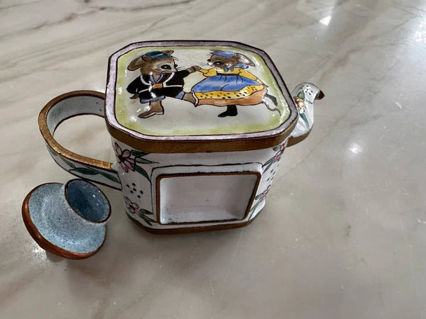 Enamel Miniature Teapot Dancing Mice Charolette Collectibles~Vintage