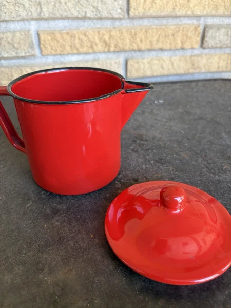 Enamel Red Coffee Pot Hand Tea Kettle With Sugar And Creamer Signs Of Wear