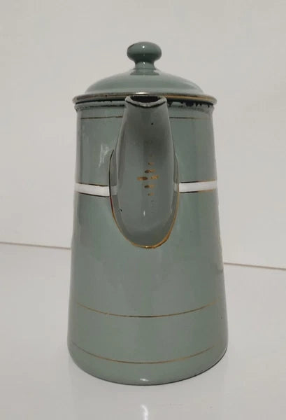 Antique Art Nouveau Jugendstil Blue Enamelware W/ Raised Elements Teapot Kettle