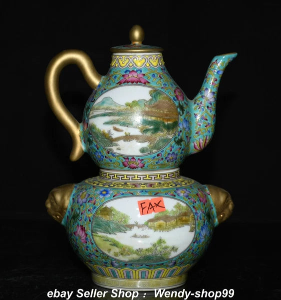 8.6" Qianlong Enamel Color Porcelain Gilt landscape Gourd Wine Pot Teapot