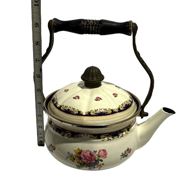 ASTA Enamelware Tea Kettle 1960s Teapot Brass Handles Floral Vtg West Germany