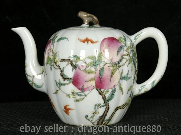 6.2" Old China Qianlong Marked Colour Enamel Porcelain Fushou Bat Peach Teapot