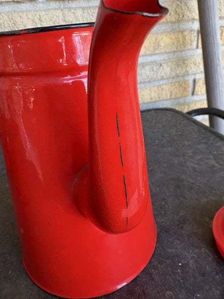 Enamel Red Coffee Pot Hand Tea Kettle With Sugar And Creamer Signs Of Wear
