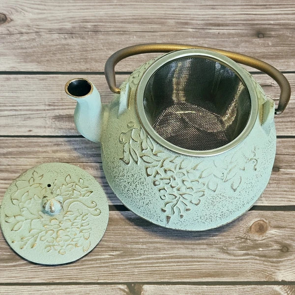 Cast Iron Kettle Enamel Interior Leaf Diffuser Sage Green 4-Cup 32oz Tea Pot