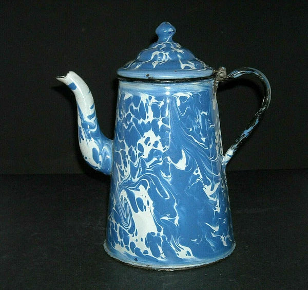 Beautiful IRIS Blue & White Swirl Graniteware Tea Pot - Enamel Ware