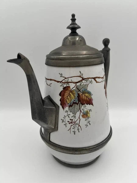Antique Manning Bowman & Co 11” Teapot Coffee Pot Hand Painted Enamel & Pewter