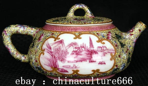 6" Qianlong Dynasty Colour Enamel Porcelain Flower Bird Animal Lid Teapot Pot