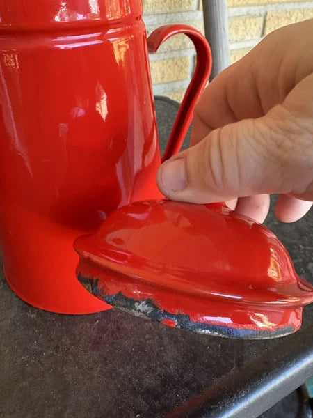 Enamel Red Coffee Pot Hand Tea Kettle With Sugar And Creamer Signs Of Wear