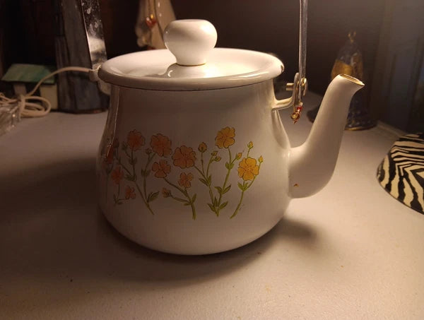 Enamelware Teapot White With Yellow Floral Design