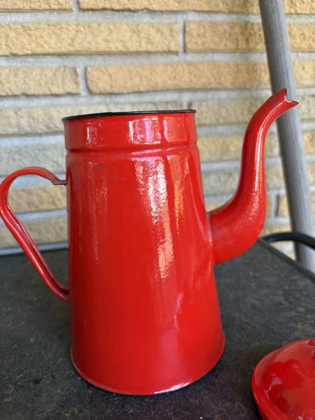 Enamel Red Coffee Pot Hand Tea Kettle With Sugar And Creamer Signs Of Wear