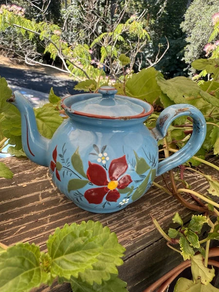 French Vintage Enamelware Tea Pot/Raised Enamelware Floral Painting/Miniature