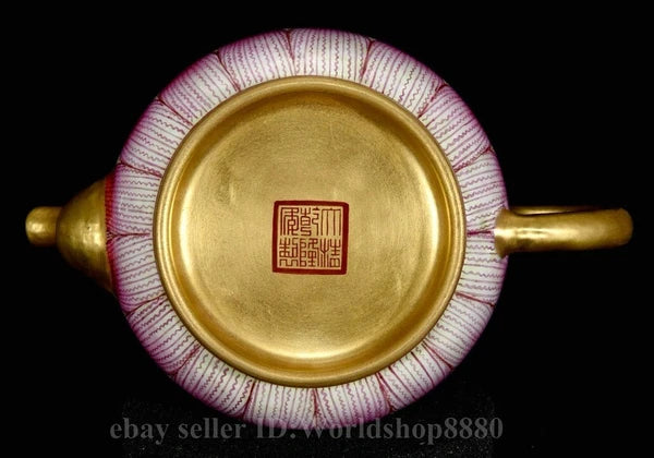 6.4"Qianlong Marked Enamel Porcelain Gilt Lotus Flower Petal Pattern Wine Teapot