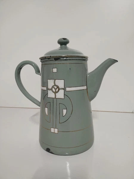 Antique Art Nouveau Jugendstil Blue Enamelware W/ Raised Elements Teapot Kettle