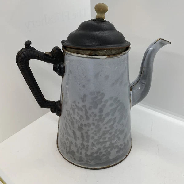 Antique American GRANITEWARE Grey Mottled Enamel Gooseneck 8" Teapot Coffee