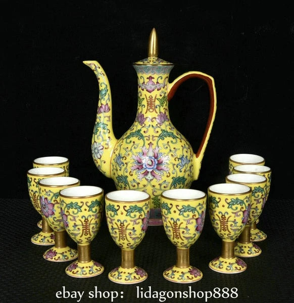 9" Yongzheng Marked Enamel Porcelain Flower Leaf Pattern Tea Wine Pot Cup Set